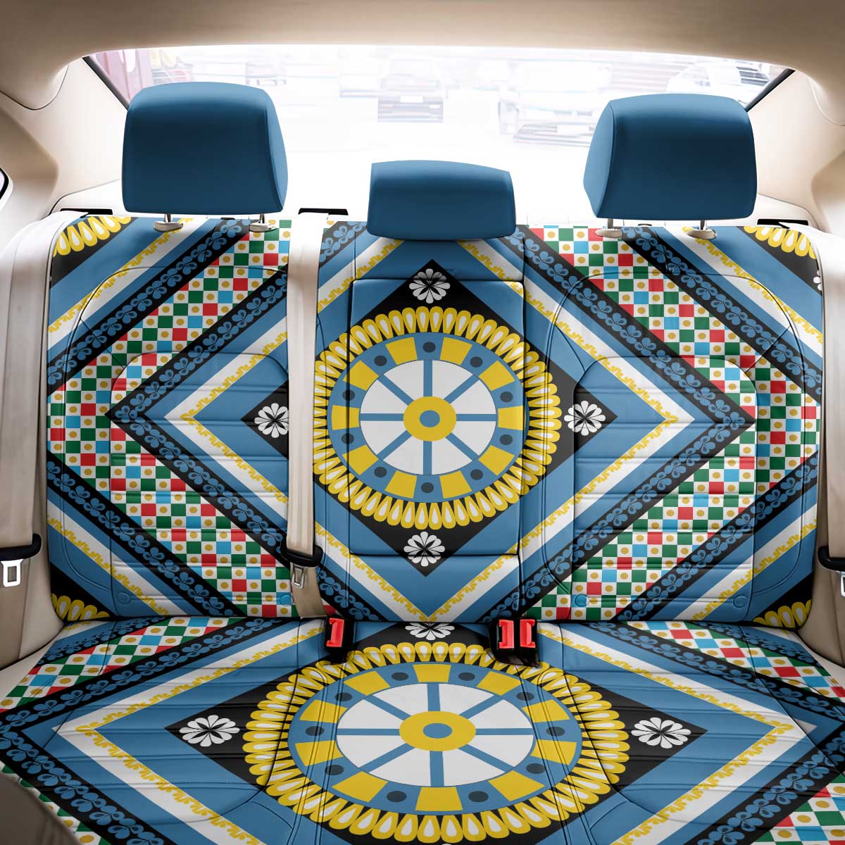 Sicily Italy Carretto Siciliano Back Car Seat Cover Azure Sicilian Cart Wheel Pattern