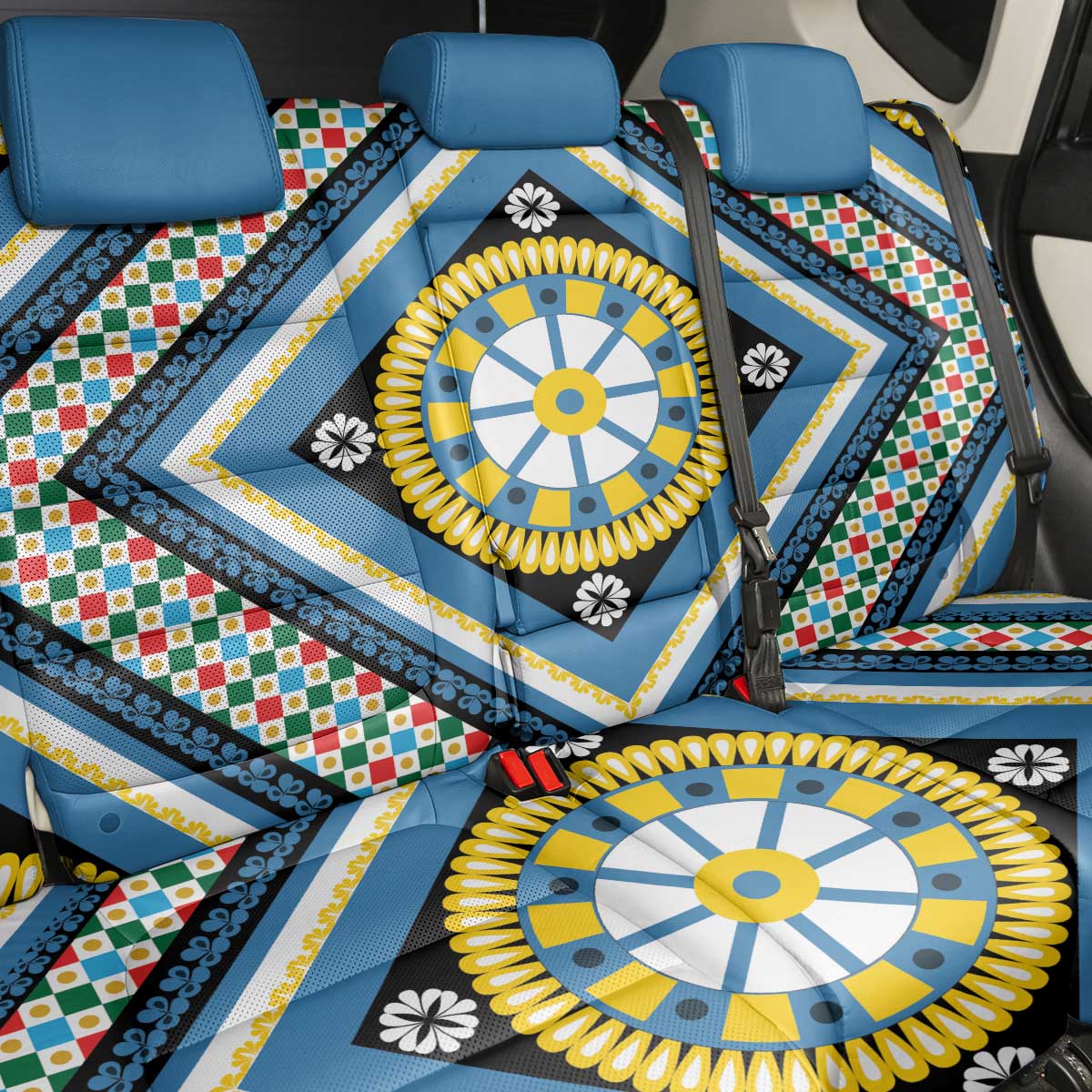 Sicily Italy Carretto Siciliano Back Car Seat Cover Azure Sicilian Cart Wheel Pattern
