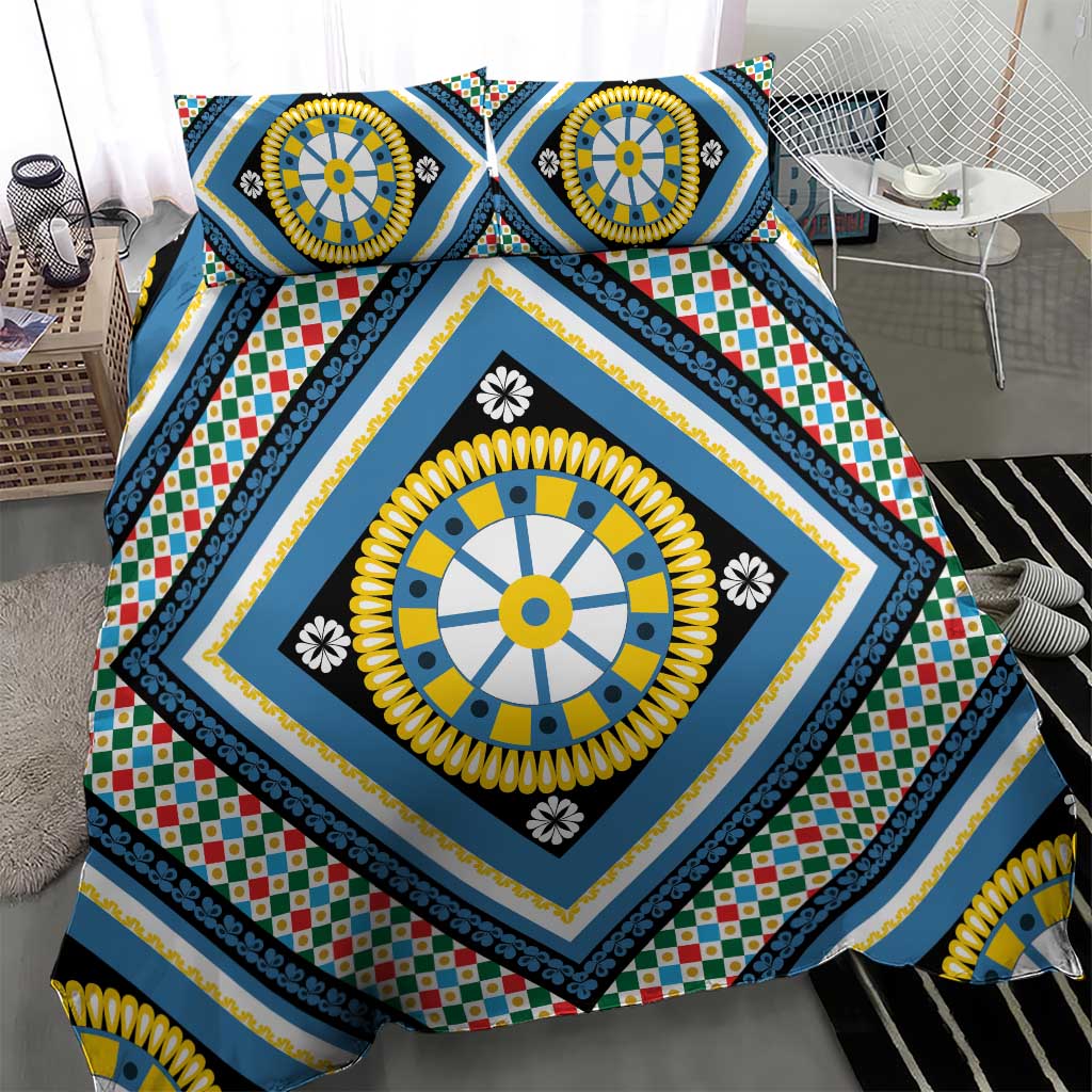 Sicily Italy Carretto Siciliano Bedding Set Azure Sicilian Cart Wheel Pattern