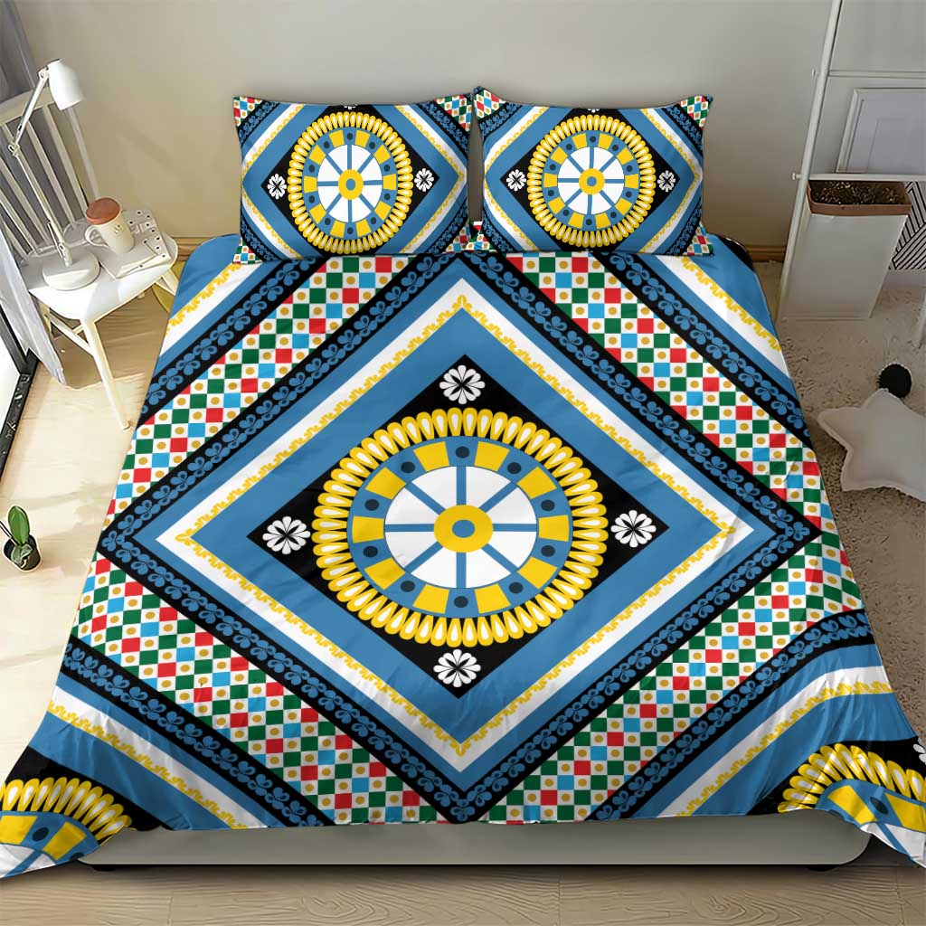 Sicily Italy Carretto Siciliano Bedding Set Azure Sicilian Cart Wheel Pattern
