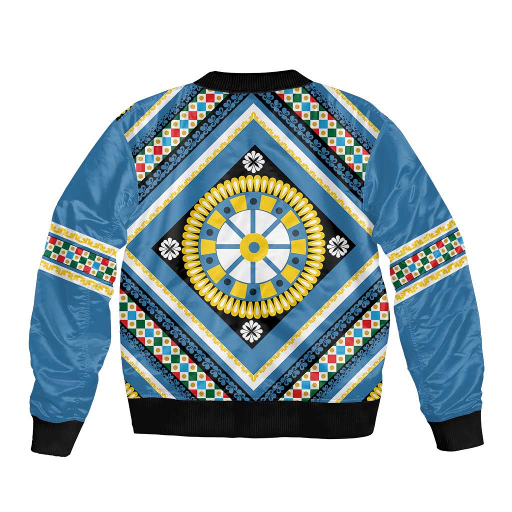 Sicily Italy Carretto Siciliano Bomber Jacket Azure Sicilian Cart Wheel Pattern