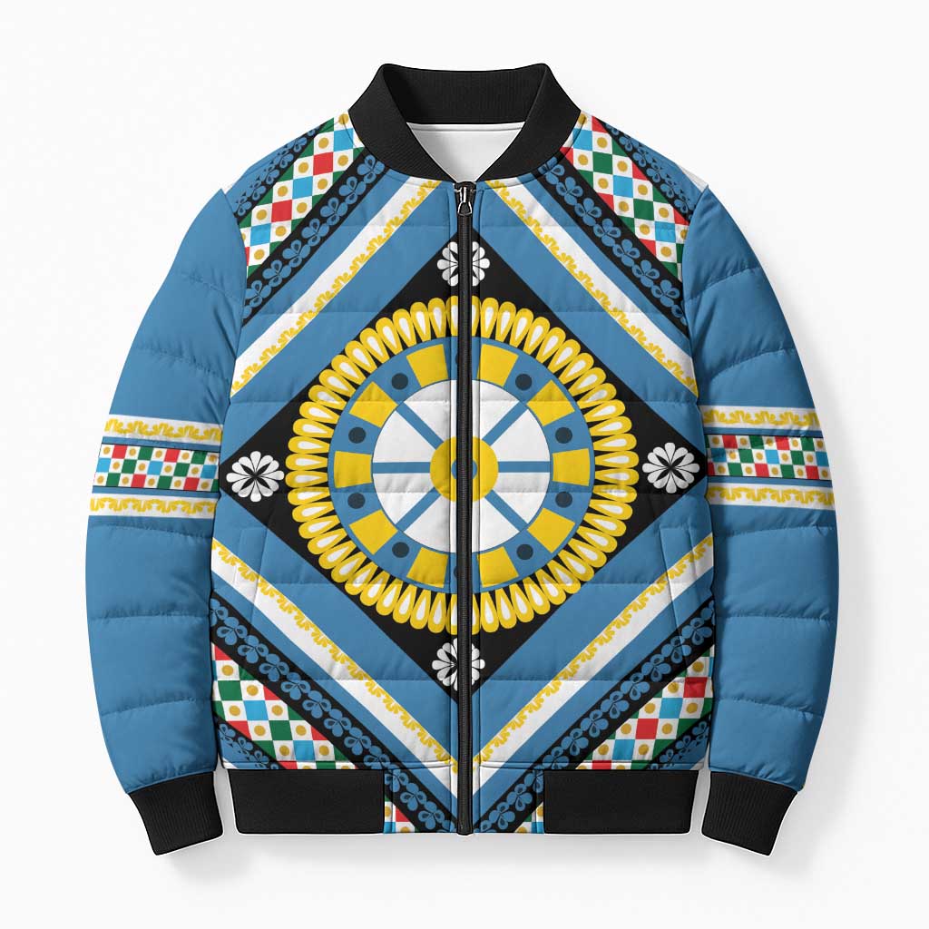 Sicily Italy Carretto Siciliano Bomber Puffer Jacket Azure Sicilian Cart Wheel Pattern