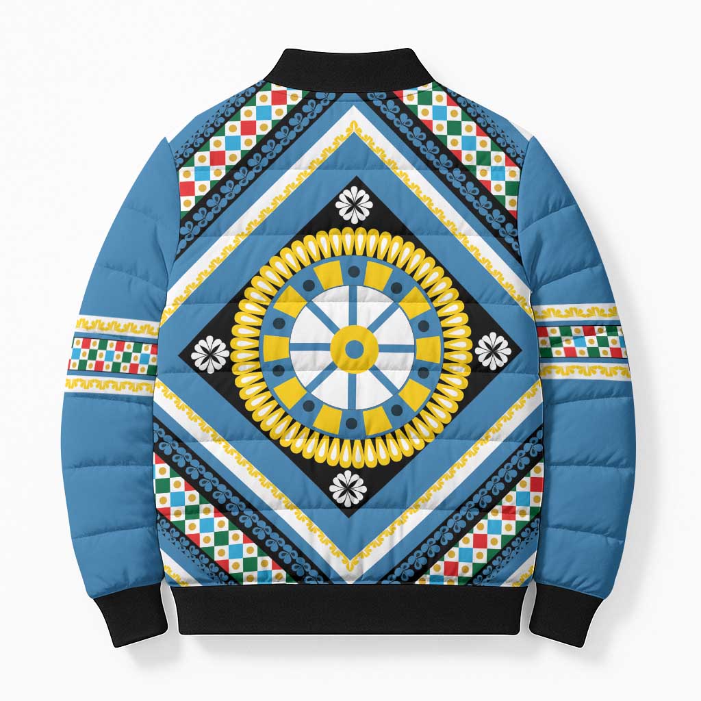 Sicily Italy Carretto Siciliano Bomber Puffer Jacket Azure Sicilian Cart Wheel Pattern