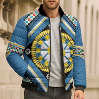 Sicily Italy Carretto Siciliano Bomber Puffer Jacket Azure Sicilian Cart Wheel Pattern