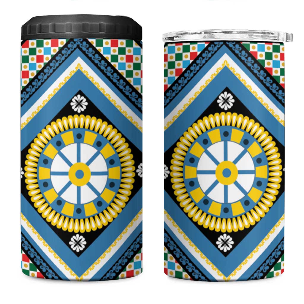 Sicily Italy Carretto Siciliano 4 in 1 Can Cooler Tumbler Azure Sicilian Cart Wheel Pattern