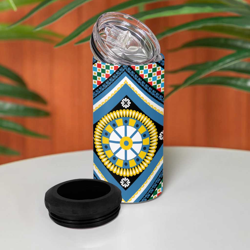 Sicily Italy Carretto Siciliano 4 in 1 Can Cooler Tumbler Azure Sicilian Cart Wheel Pattern