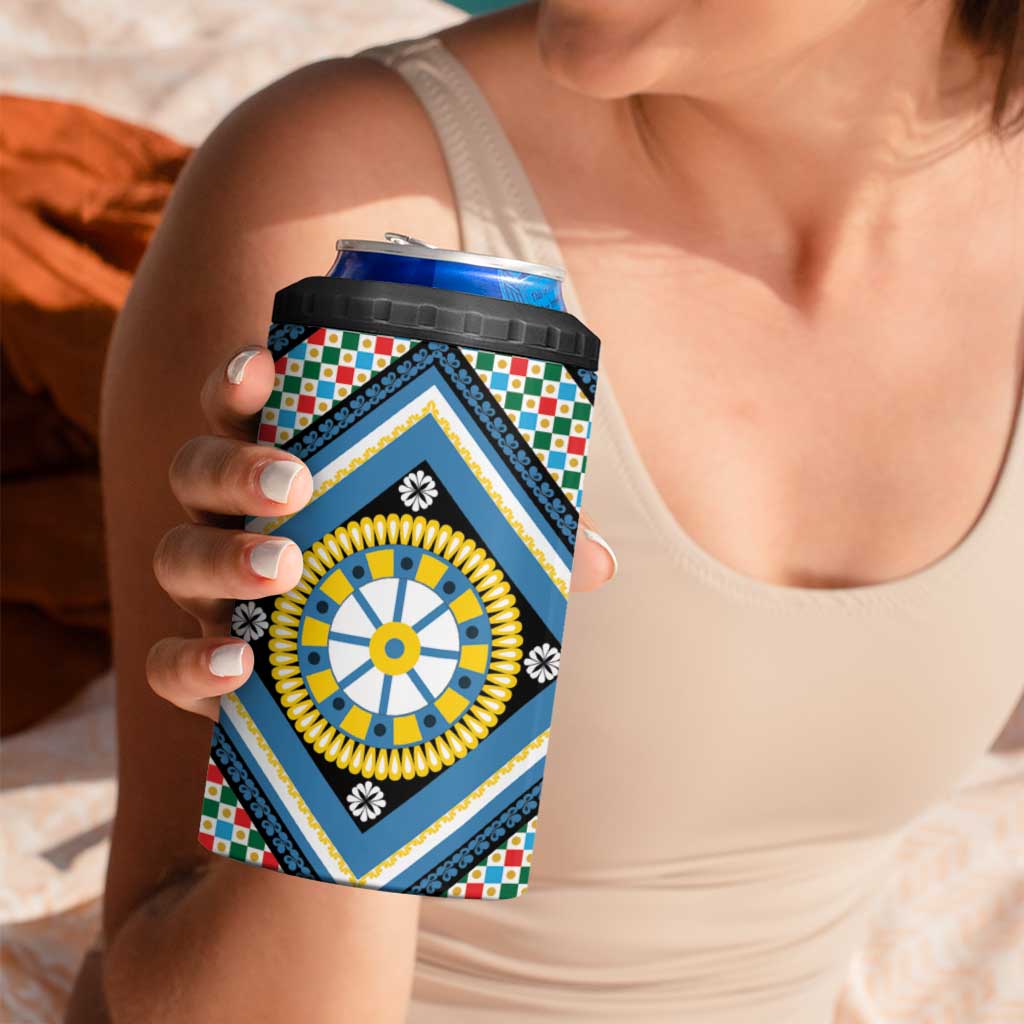 Sicily Italy Carretto Siciliano 4 in 1 Can Cooler Tumbler Azure Sicilian Cart Wheel Pattern