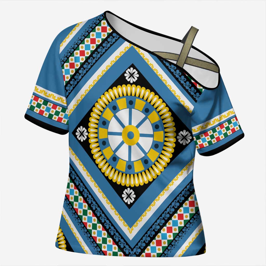 Sicily Italy Carretto Siciliano Cross Shoulder Shirt Azure Sicilian Cart Wheel Pattern