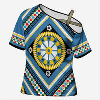 Sicily Italy Carretto Siciliano Cross Shoulder Shirt Azure Sicilian Cart Wheel Pattern
