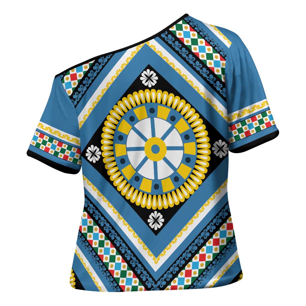 Sicily Italy Carretto Siciliano Cross Shoulder Shirt Azure Sicilian Cart Wheel Pattern
