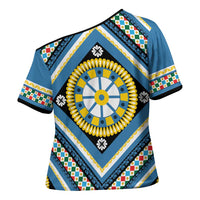 Sicily Italy Carretto Siciliano Cross Shoulder Shirt Azure Sicilian Cart Wheel Pattern