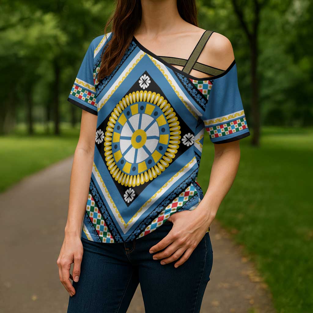 Sicily Italy Carretto Siciliano Cross Shoulder Shirt Azure Sicilian Cart Wheel Pattern