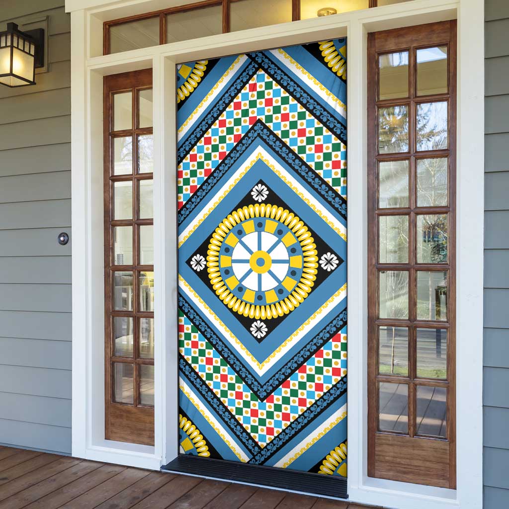 Sicily Italy Carretto Siciliano Door Cover Azure Sicilian Cart Wheel Pattern