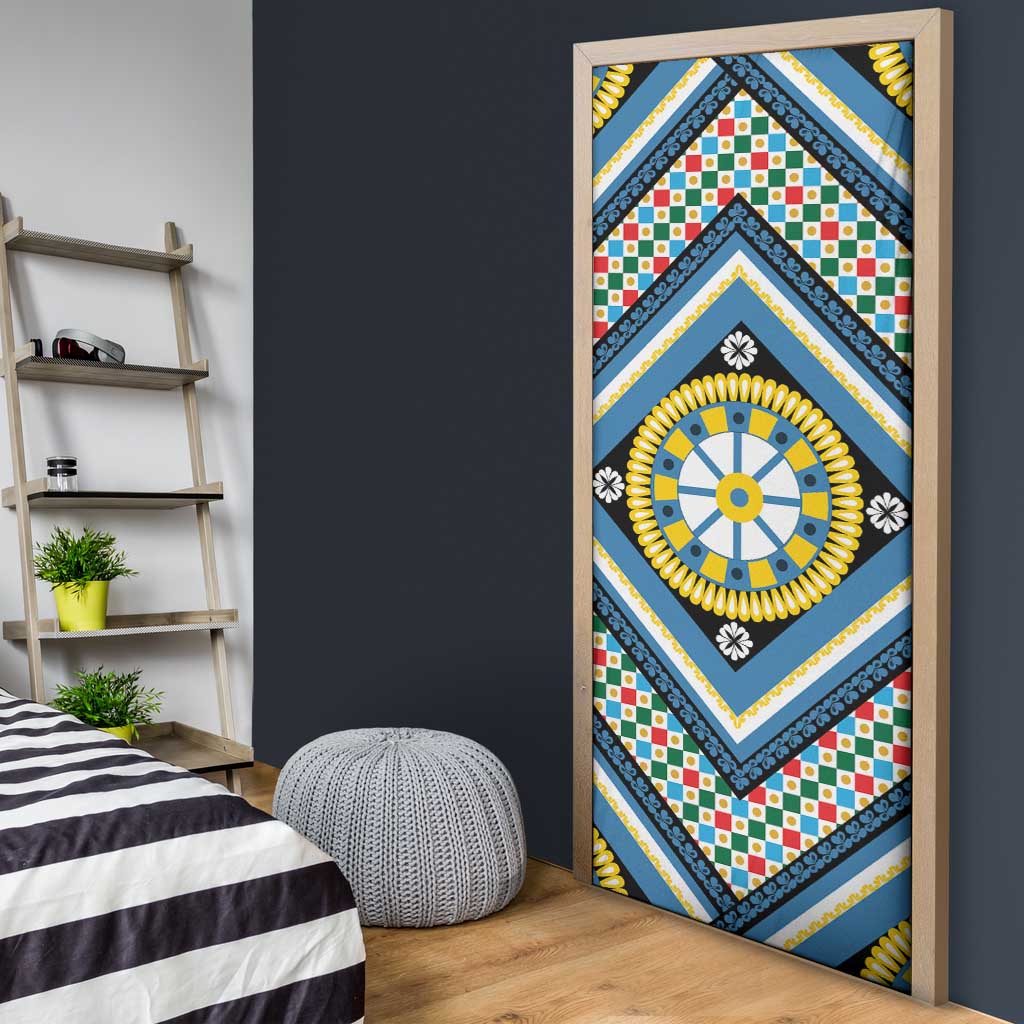 Sicily Italy Carretto Siciliano Door Cover Azure Sicilian Cart Wheel Pattern