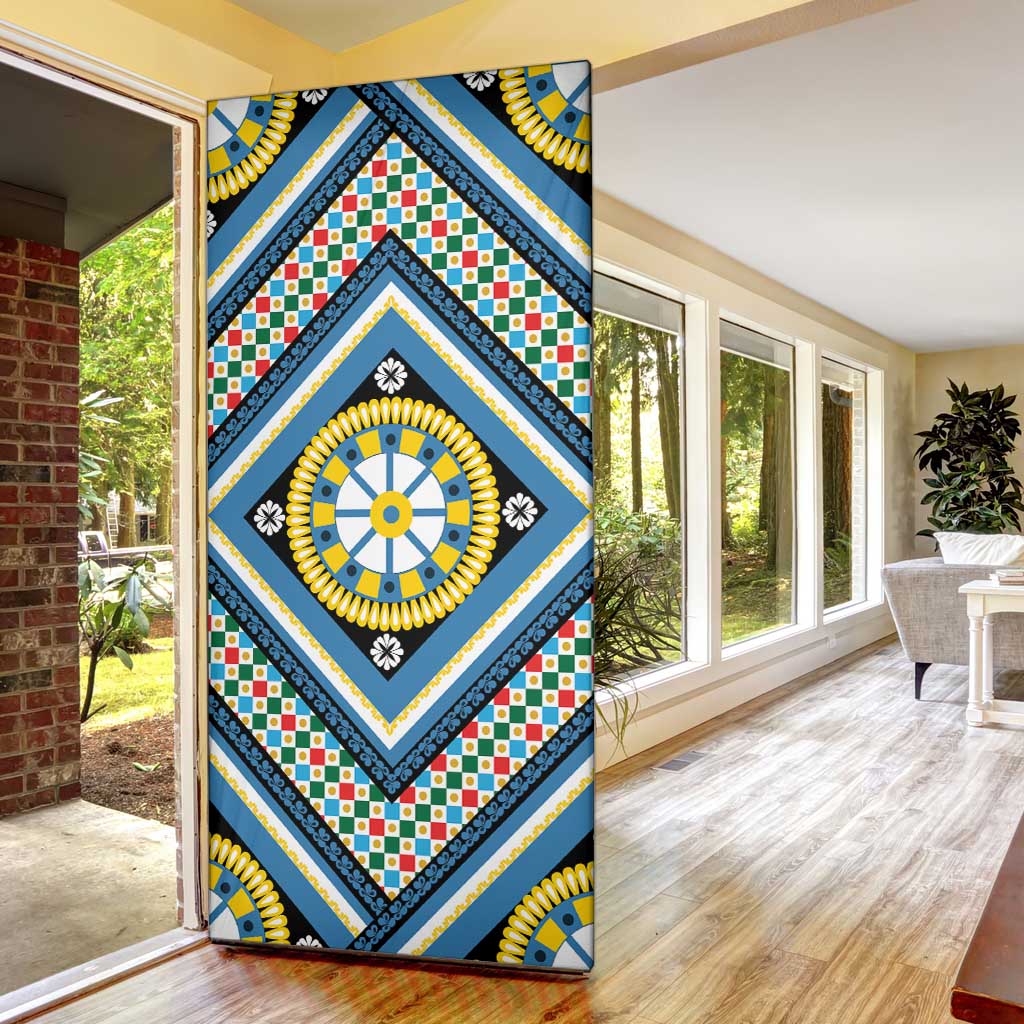 Sicily Italy Carretto Siciliano Door Cover Azure Sicilian Cart Wheel Pattern
