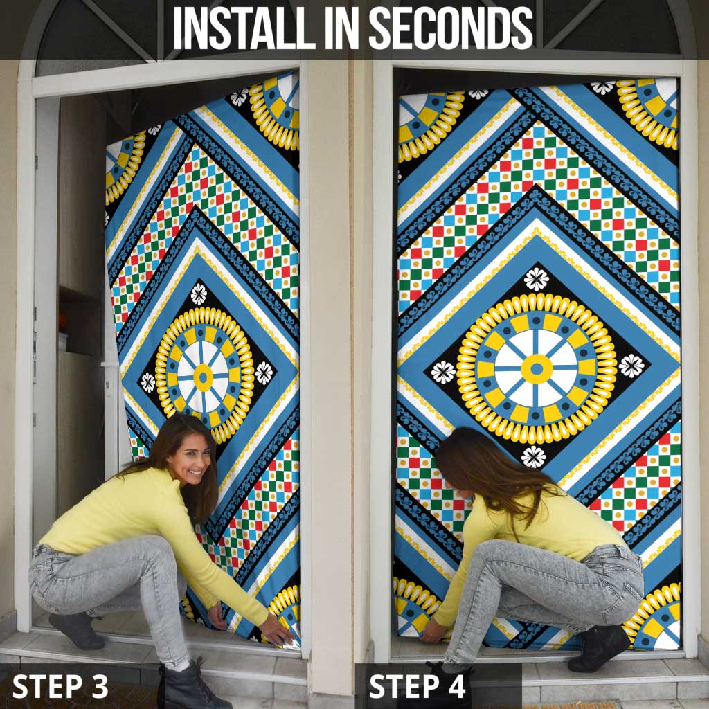 Sicily Italy Carretto Siciliano Door Cover Azure Sicilian Cart Wheel Pattern