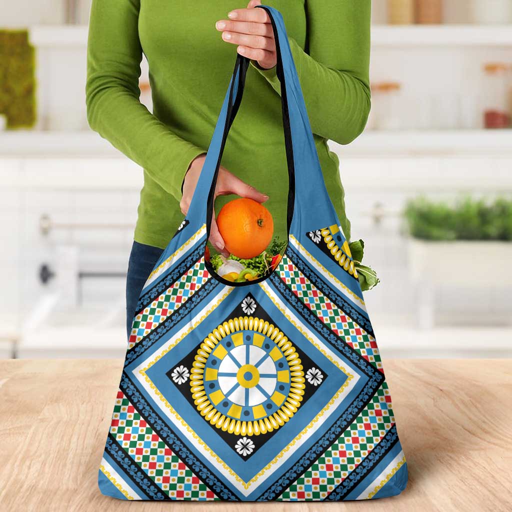 Sicily Italy Carretto Siciliano Grocery Bag Azure Sicilian Cart Wheel Pattern