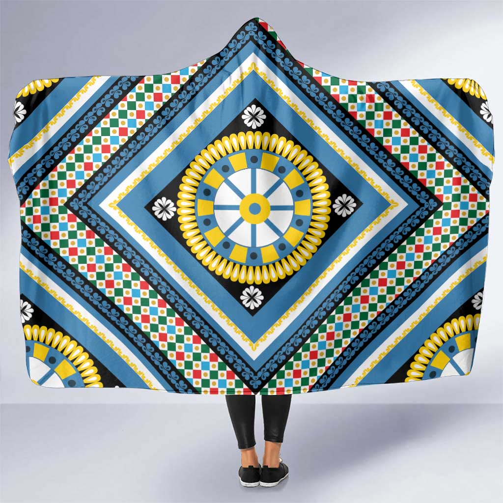 Sicily Italy Carretto Siciliano Hooded Blanket Azure Sicilian Cart Wheel Pattern