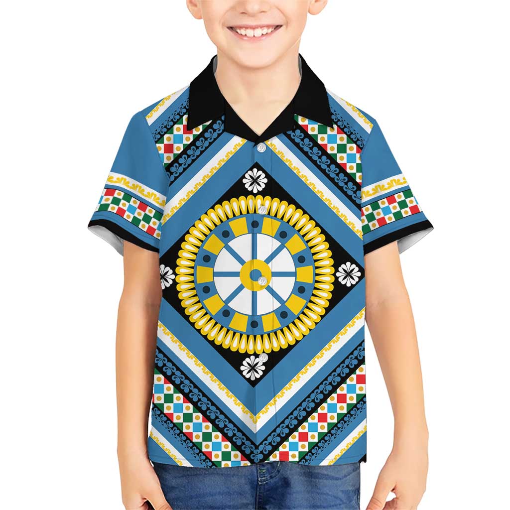 Sicily Italy Carretto Siciliano Kid Hawaiian Shirt Azure Sicilian Cart Wheel Pattern