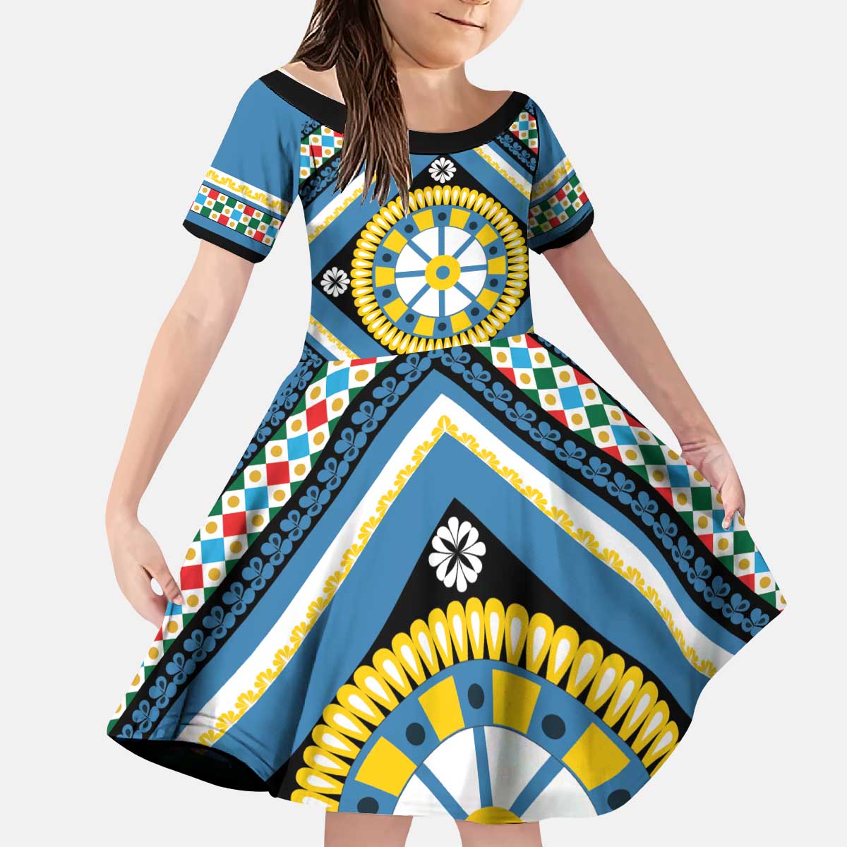 Sicily Italy Carretto Siciliano Kid Short Sleeve Dress Azure Sicilian Cart Wheel Pattern