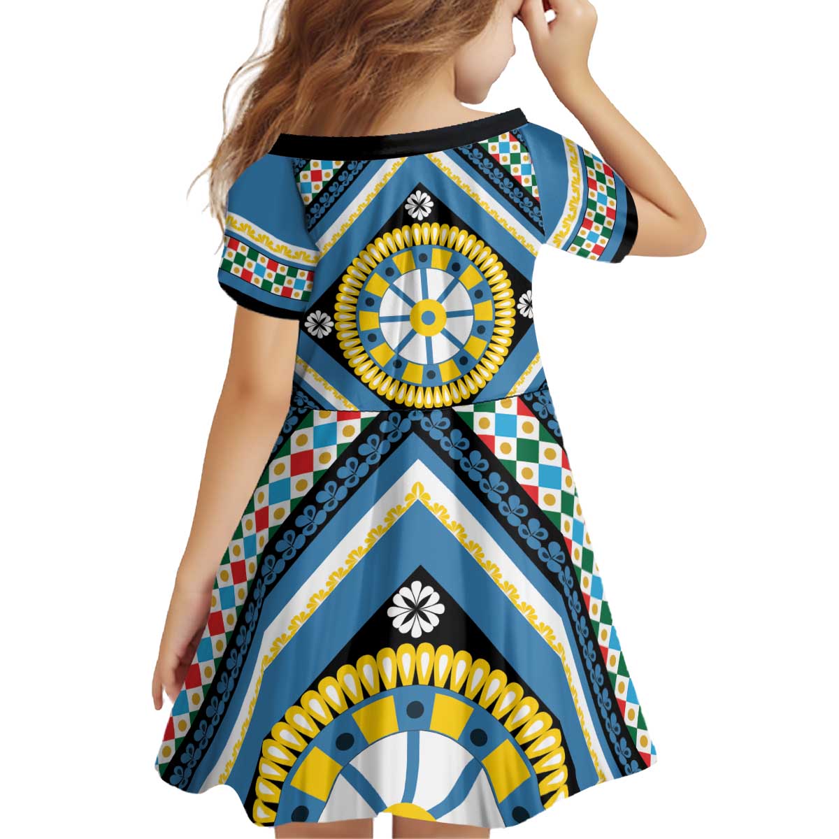 Sicily Italy Carretto Siciliano Kid Short Sleeve Dress Azure Sicilian Cart Wheel Pattern