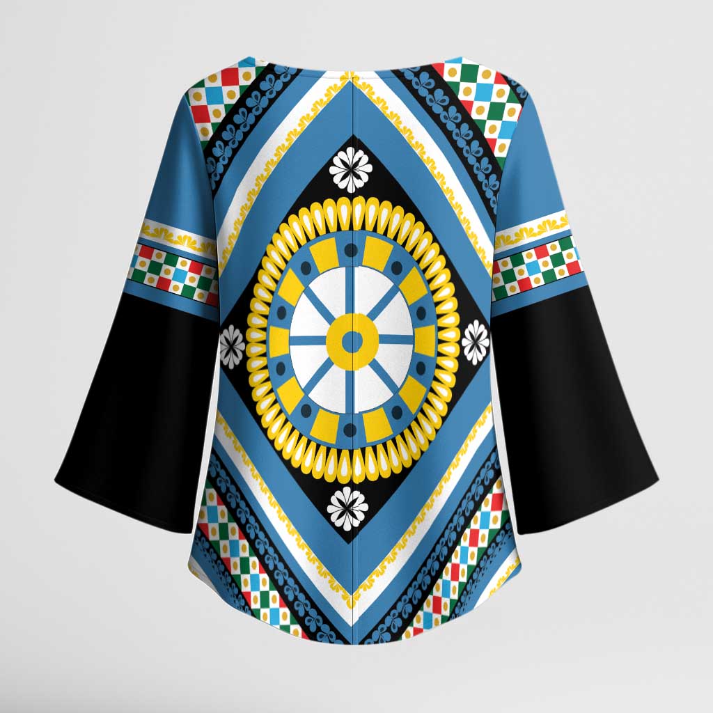 Sicily Italy Carretto Siciliano Kimono Sleeve Blouse Azure Sicilian Cart Wheel Pattern