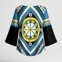 Sicily Italy Carretto Siciliano Kimono Sleeve Blouse Azure Sicilian Cart Wheel Pattern