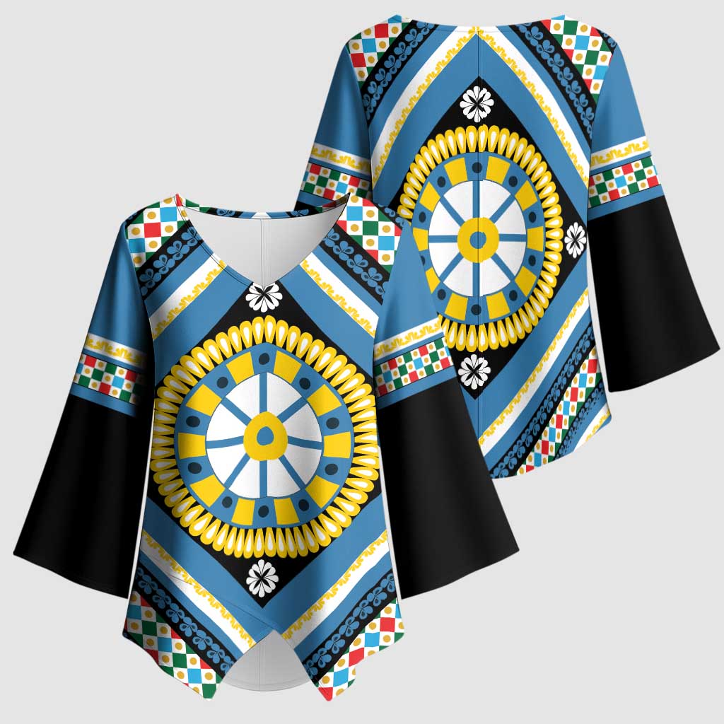 Sicily Italy Carretto Siciliano Kimono Sleeve Blouse Azure Sicilian Cart Wheel Pattern