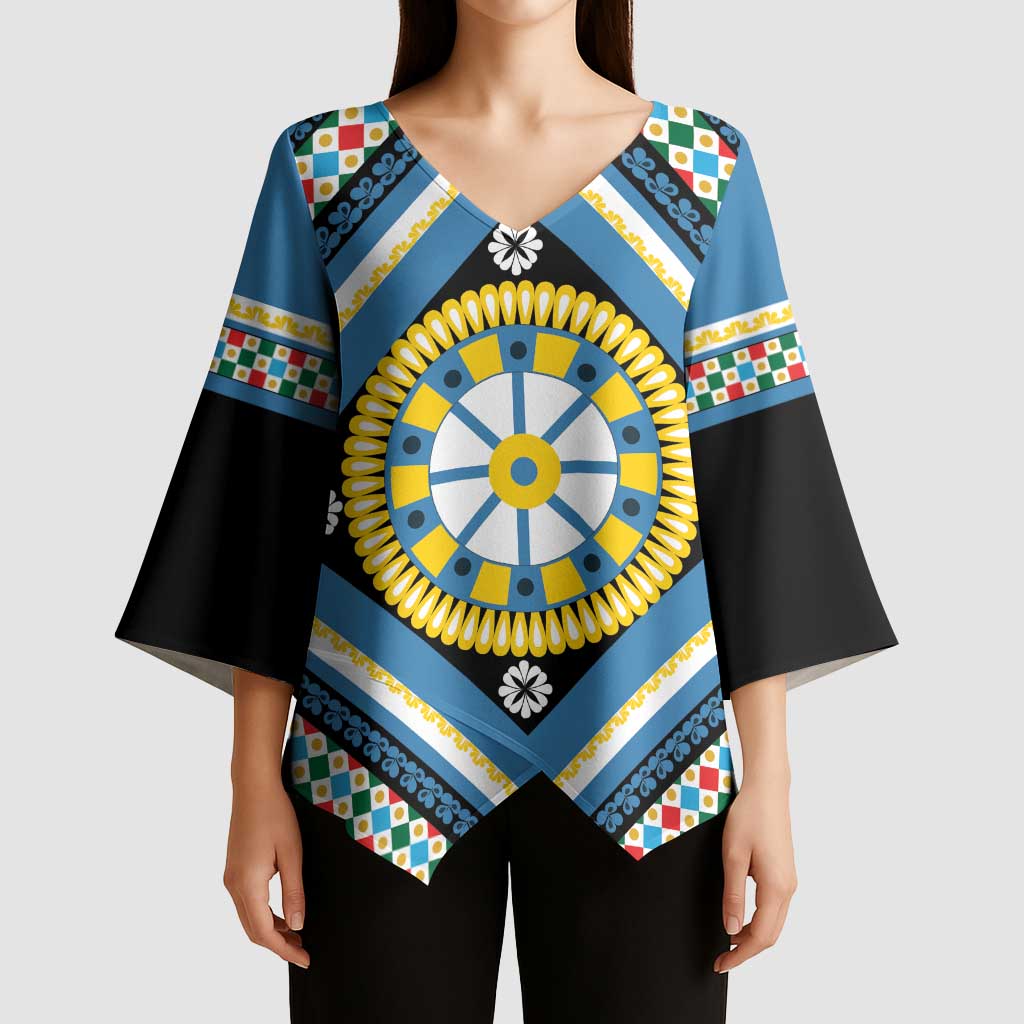 Sicily Italy Carretto Siciliano Kimono Sleeve Blouse Azure Sicilian Cart Wheel Pattern