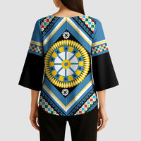Sicily Italy Carretto Siciliano Kimono Sleeve Blouse Azure Sicilian Cart Wheel Pattern