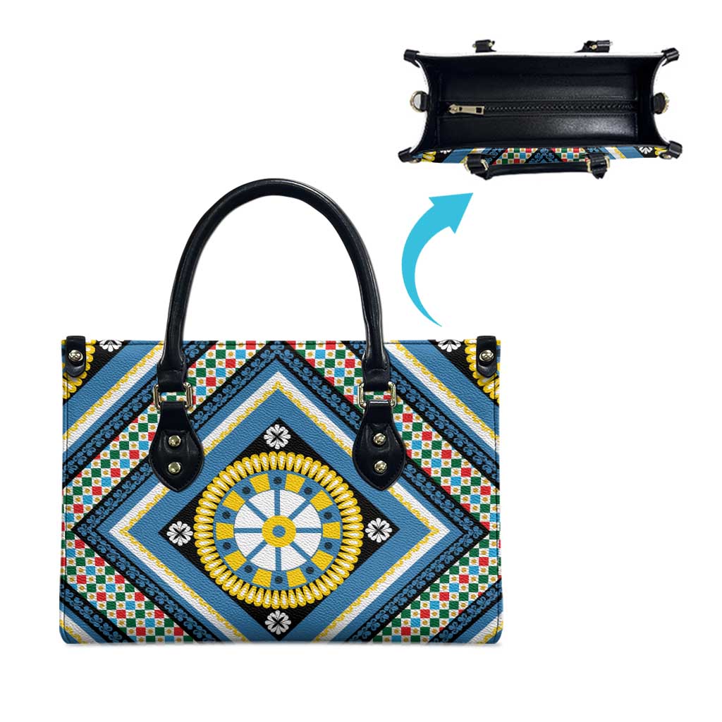 Sicily Italy Carretto Siciliano Leather Bag Azure Sicilian Cart Wheel Pattern