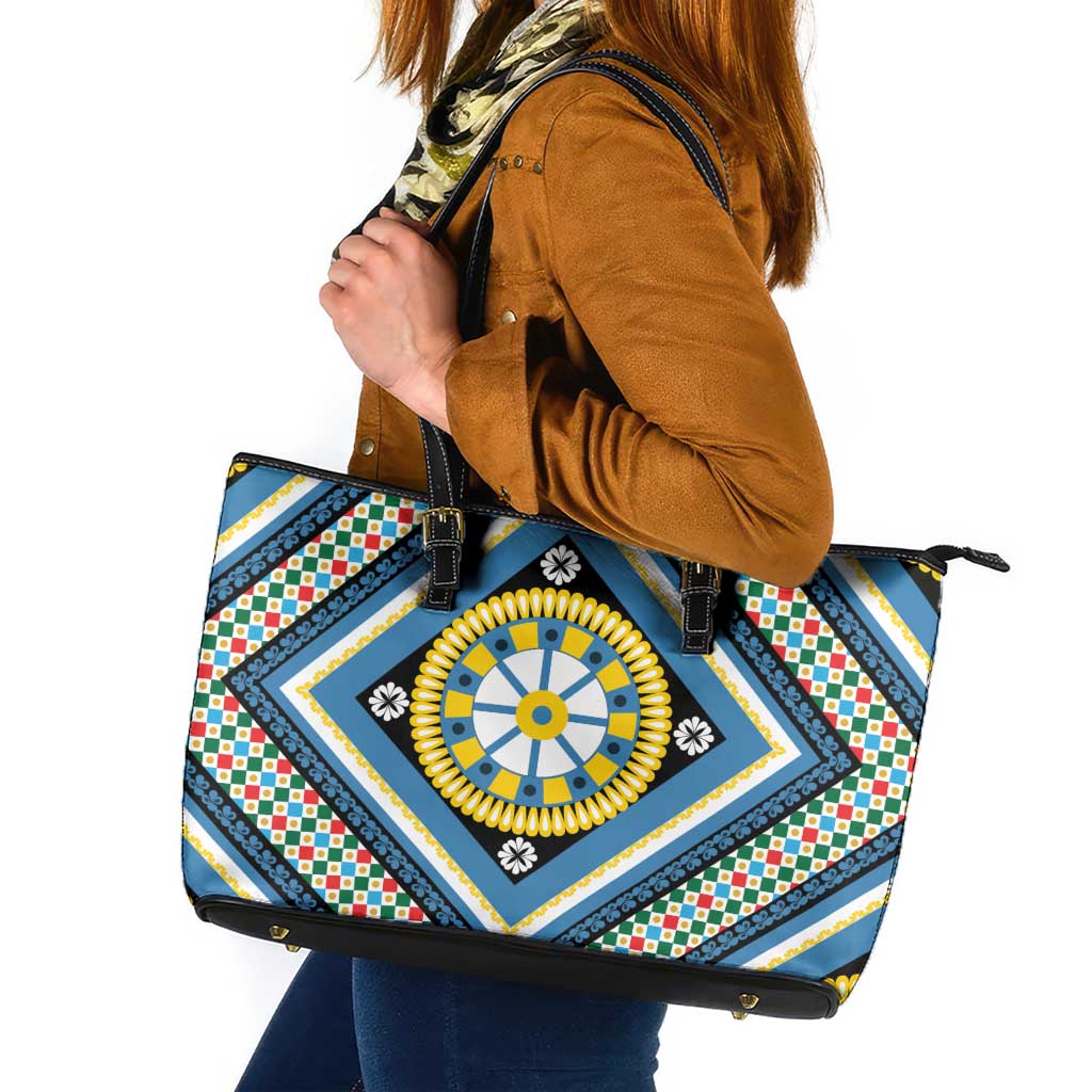 Sicily Italy Carretto Siciliano Leather Tote Bag Azure Sicilian Cart Wheel Pattern