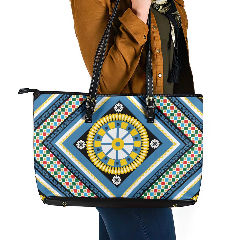 Sicily Italy Carretto Siciliano Leather Tote Bag Azure Sicilian Cart Wheel Pattern
