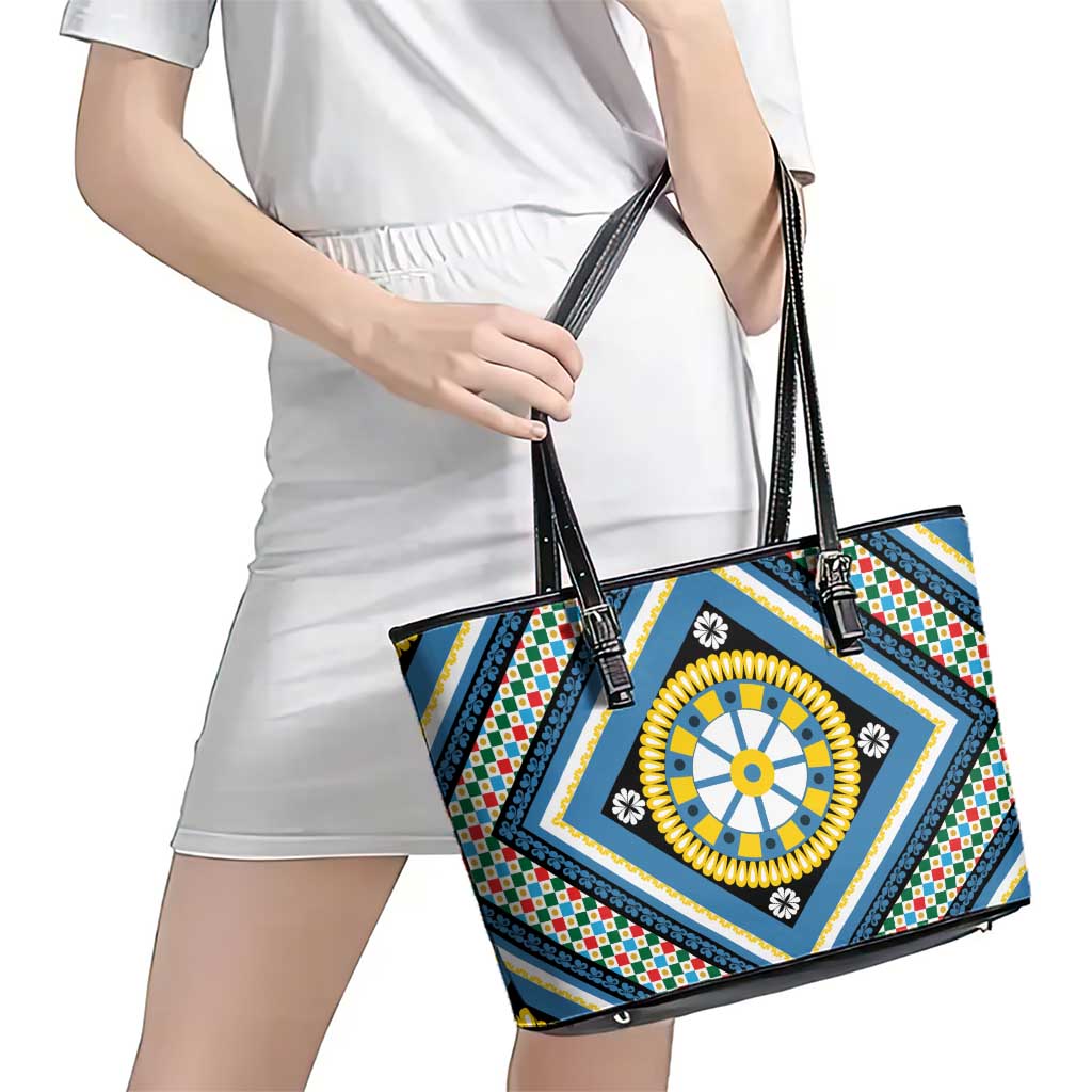 Sicily Italy Carretto Siciliano Leather Tote Bag Azure Sicilian Cart Wheel Pattern