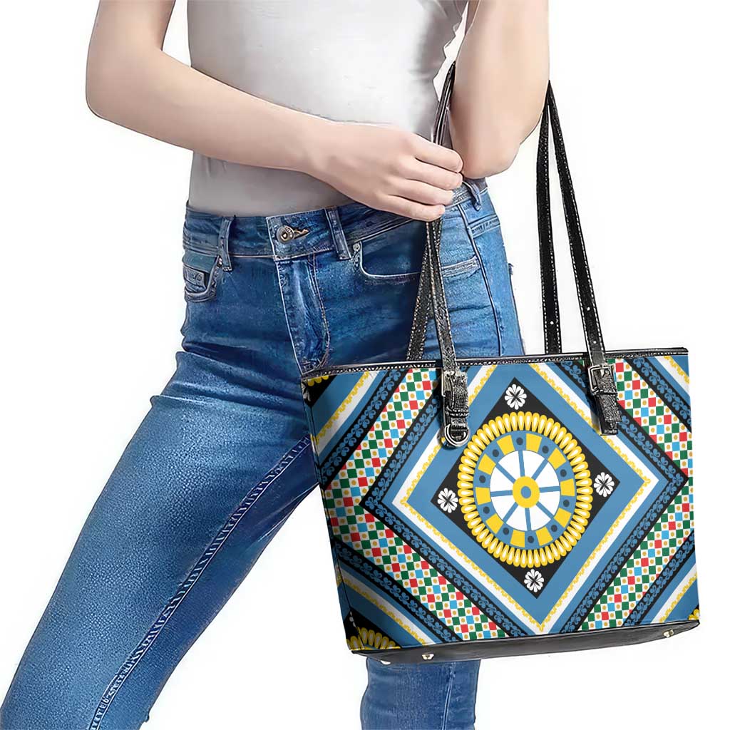 Sicily Italy Carretto Siciliano Leather Tote Bag Azure Sicilian Cart Wheel Pattern