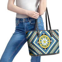 Sicily Italy Carretto Siciliano Leather Tote Bag Azure Sicilian Cart Wheel Pattern