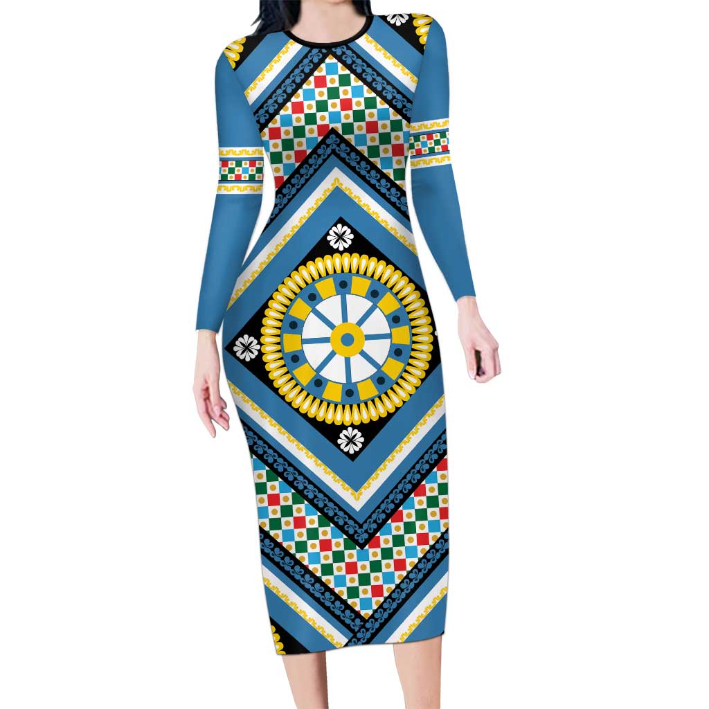Sicily Italy Carretto Siciliano Long Sleeve Bodycon Dress Azure Sicilian Cart Wheel Pattern