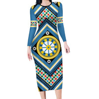 Sicily Italy Carretto Siciliano Long Sleeve Bodycon Dress Azure Sicilian Cart Wheel Pattern