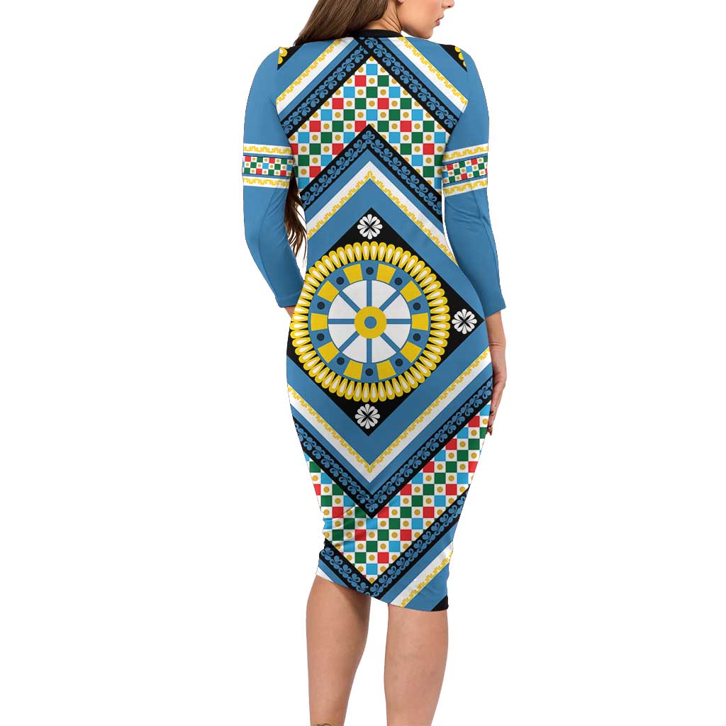 Sicily Italy Carretto Siciliano Long Sleeve Bodycon Dress Azure Sicilian Cart Wheel Pattern