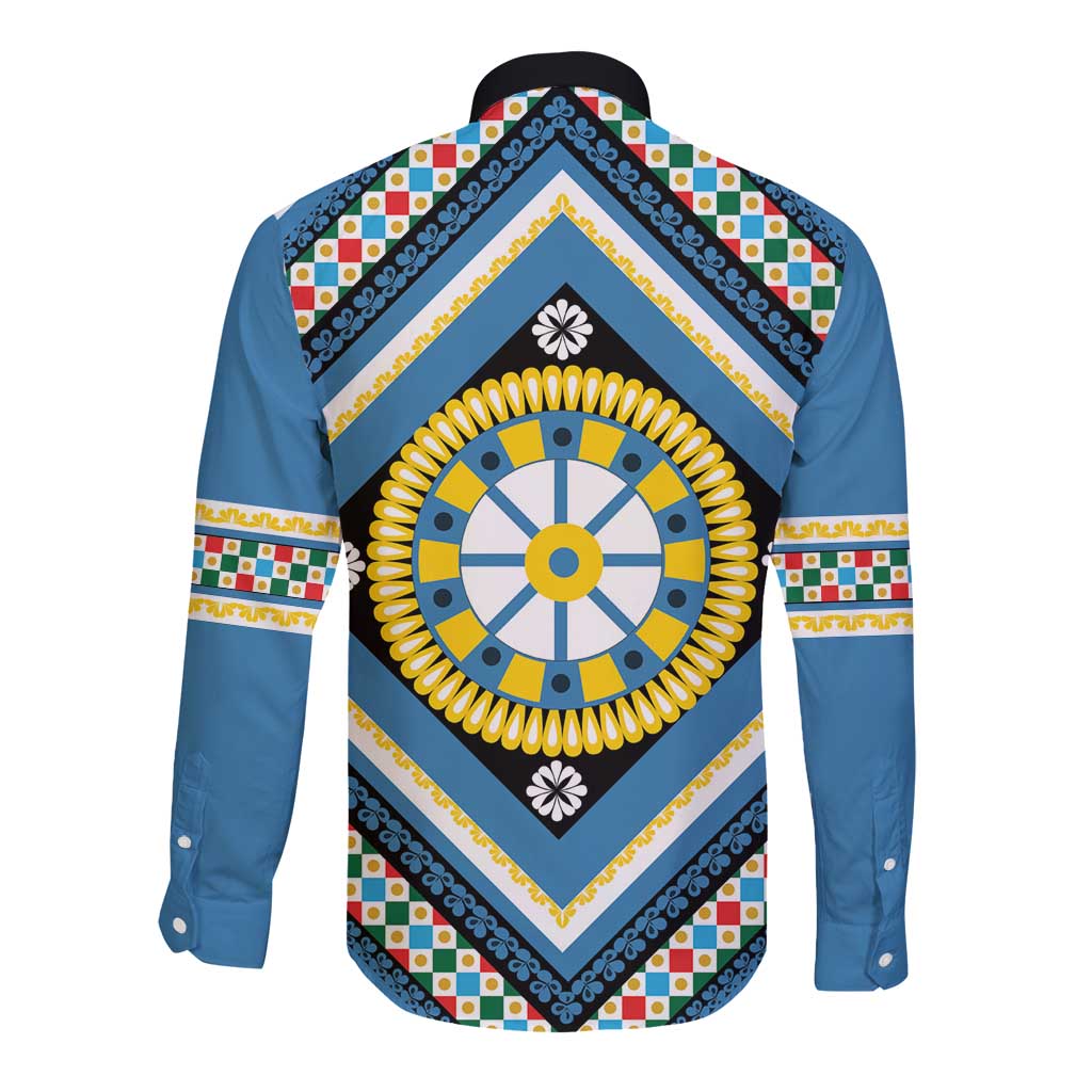 Sicily Italy Carretto Siciliano Long Sleeve Button Shirt Azure Sicilian Cart Wheel Pattern