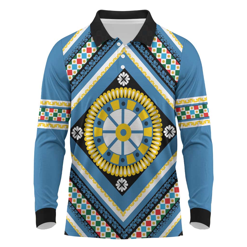 Sicily Italy Carretto Siciliano Long Sleeve Polo Shirt Azure Sicilian Cart Wheel Pattern