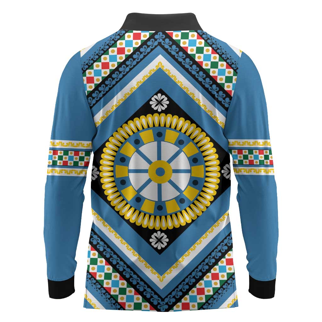 Sicily Italy Carretto Siciliano Long Sleeve Polo Shirt Azure Sicilian Cart Wheel Pattern