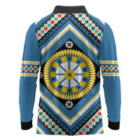 Sicily Italy Carretto Siciliano Long Sleeve Polo Shirt Azure Sicilian Cart Wheel Pattern