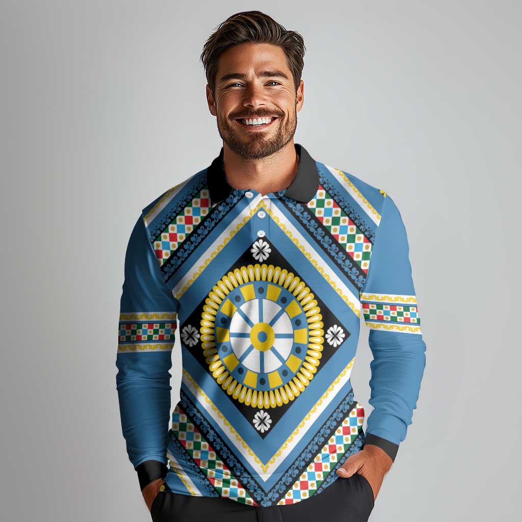 Sicily Italy Carretto Siciliano Long Sleeve Polo Shirt Azure Sicilian Cart Wheel Pattern