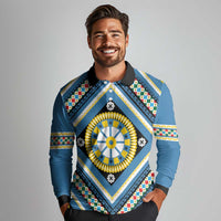 Sicily Italy Carretto Siciliano Long Sleeve Polo Shirt Azure Sicilian Cart Wheel Pattern