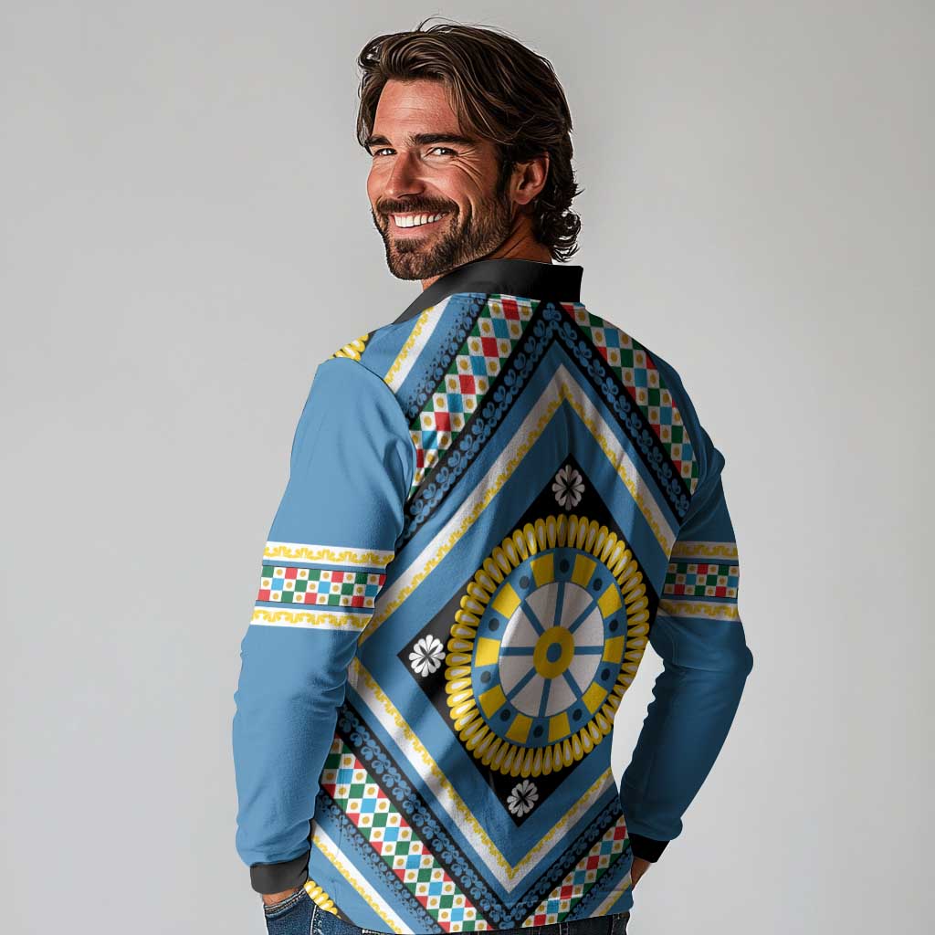 Sicily Italy Carretto Siciliano Long Sleeve Polo Shirt Azure Sicilian Cart Wheel Pattern