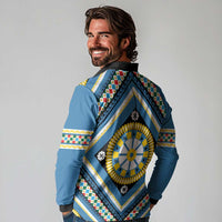 Sicily Italy Carretto Siciliano Long Sleeve Polo Shirt Azure Sicilian Cart Wheel Pattern