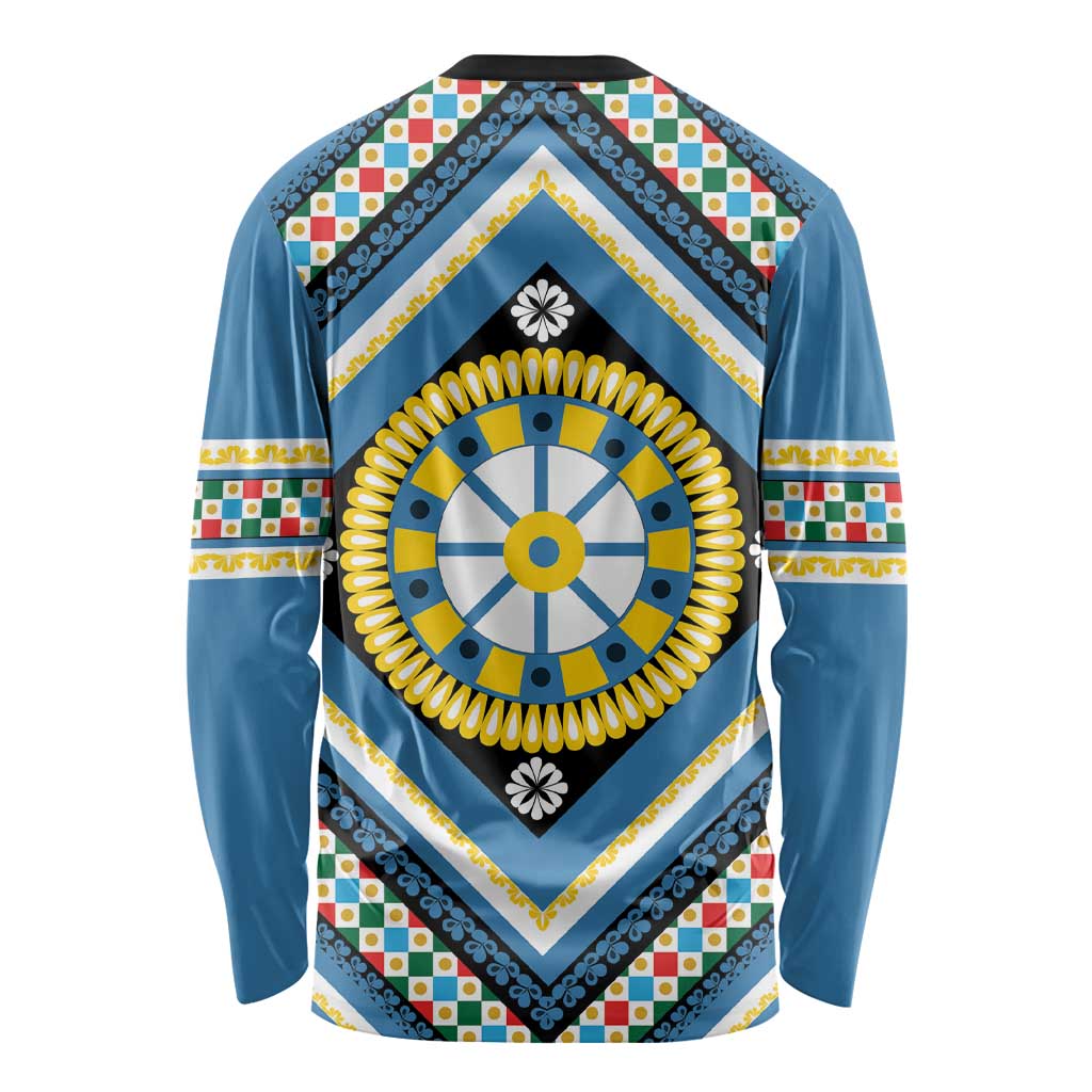 Sicily Italy Carretto Siciliano Long Sleeve Shirt Azure Sicilian Cart Wheel Pattern