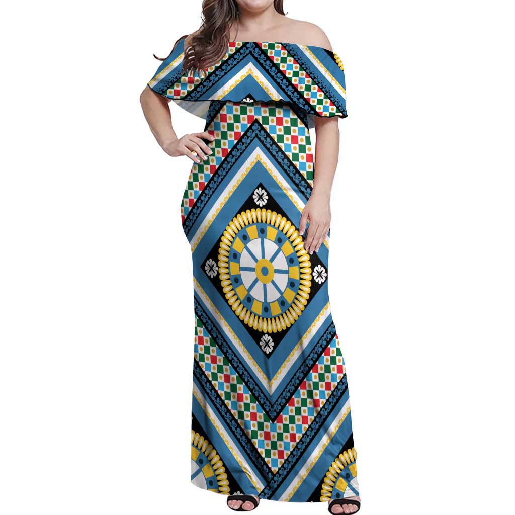 Sicily Italy Carretto Siciliano Off Shoulder Maxi Dress Azure Sicilian Cart Wheel Pattern