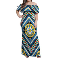 Sicily Italy Carretto Siciliano Off Shoulder Maxi Dress Azure Sicilian Cart Wheel Pattern